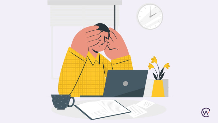 A graphic of a man sitting with his laptop and his hands on his head