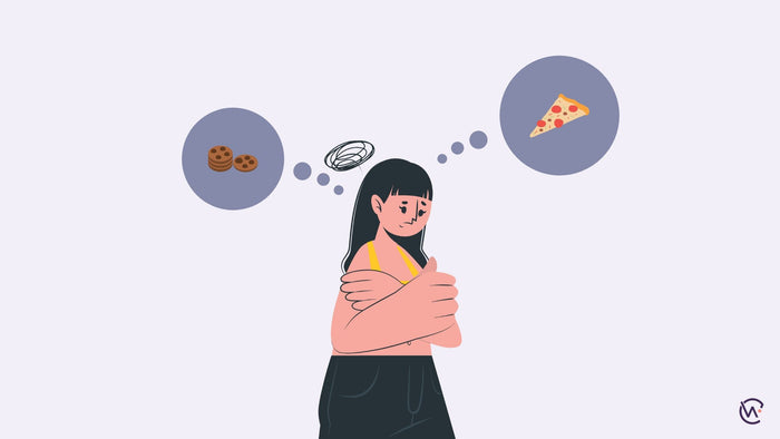 A graphic of a person feel sad and thinking about pizza and cookies