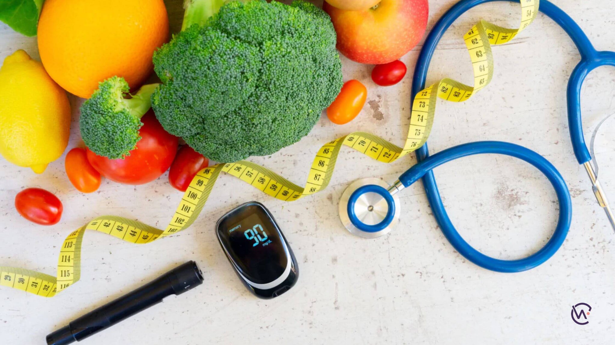 A variety of vegetables with a glucometer, tape measure and stethoscope