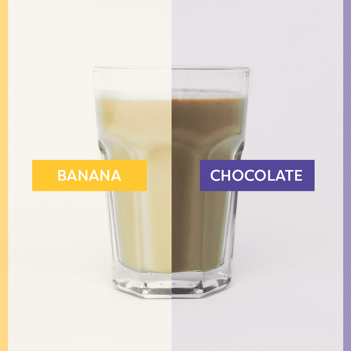 A prepared shake in a glass, half banana, half chocolate