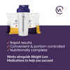 An image of a shaker bottle with counterweight meal replacements and the text: " Rapid results, convenient and portion-controlled, nutritionally complete. Works alongside medications to help you succeed" 