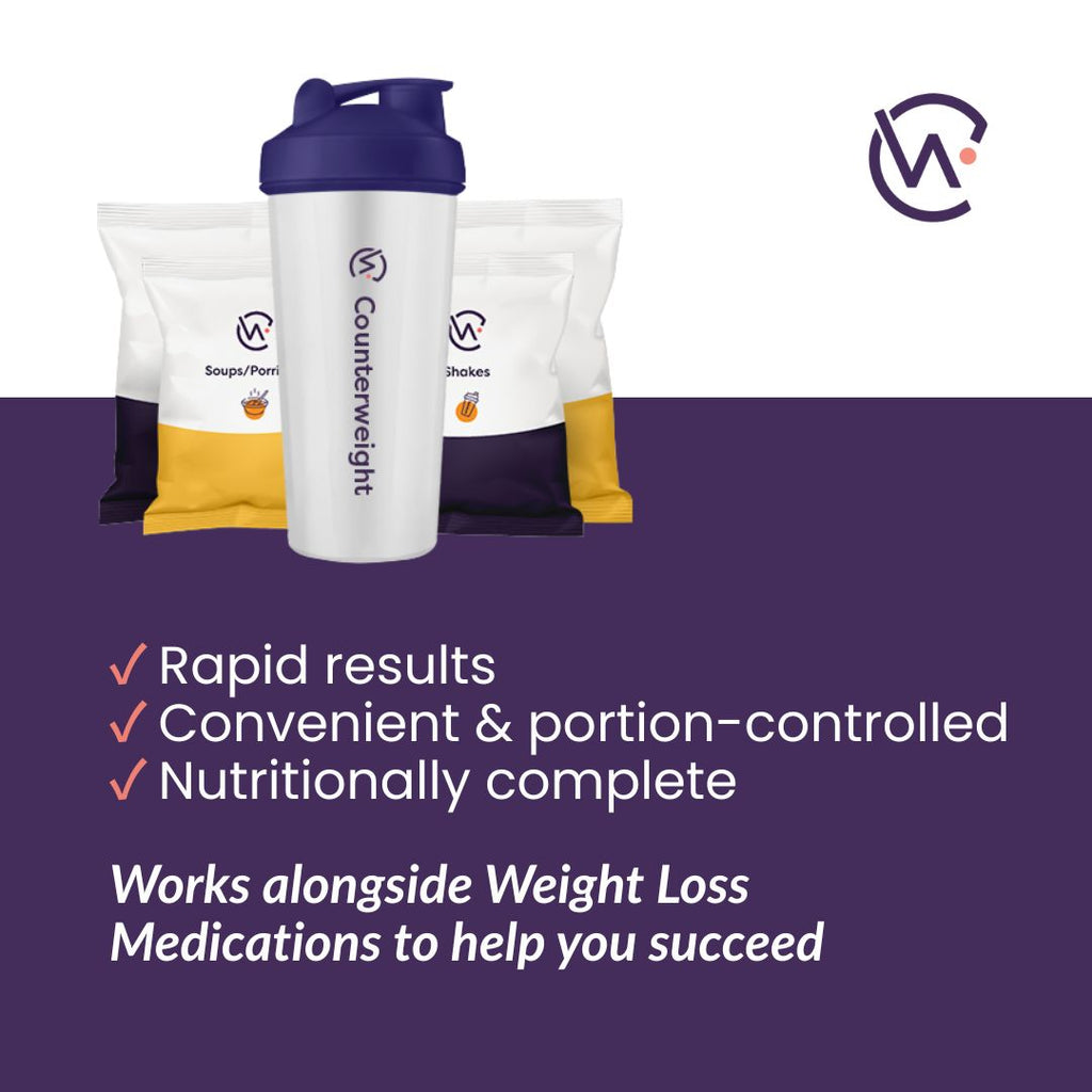 An image of a shaker bottle with counterweight meal replacements and the text: " Rapid results, convenient and portion-controlled, nutritionally complete. Works alongside medications to help you succeed" 