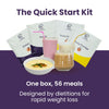 An image of counterweight meal replacement sachets behind a bowl of soup and different flavoured shakes. Text stating: "One box, 56 meals, designed by dietitians for rapid weight loss" 