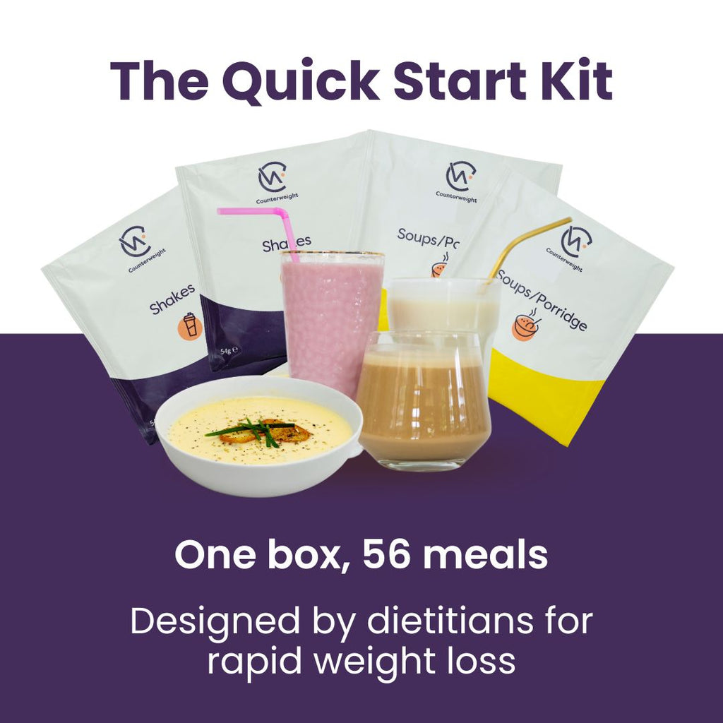 An image of counterweight meal replacement sachets behind a bowl of soup and different flavoured shakes. Text stating: "One box, 56 meals, designed by dietitians for rapid weight loss" 