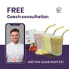 An image of the counterweight meal replacement shakes with a phone showing a coach on the screen and the text stating: "Free coach consultation with the Quick Start Kit"