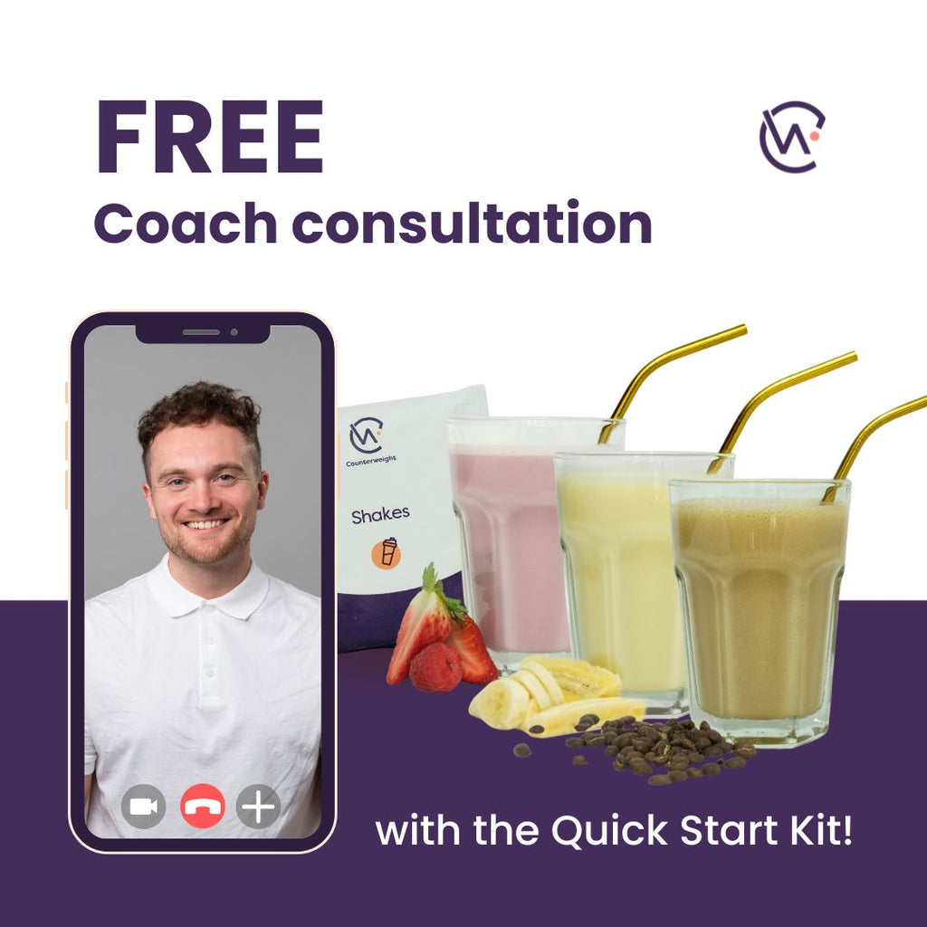 An image of the counterweight meal replacement shakes with a phone showing a coach on the screen and the text stating: "Free coach consultation with the Quick Start Kit"