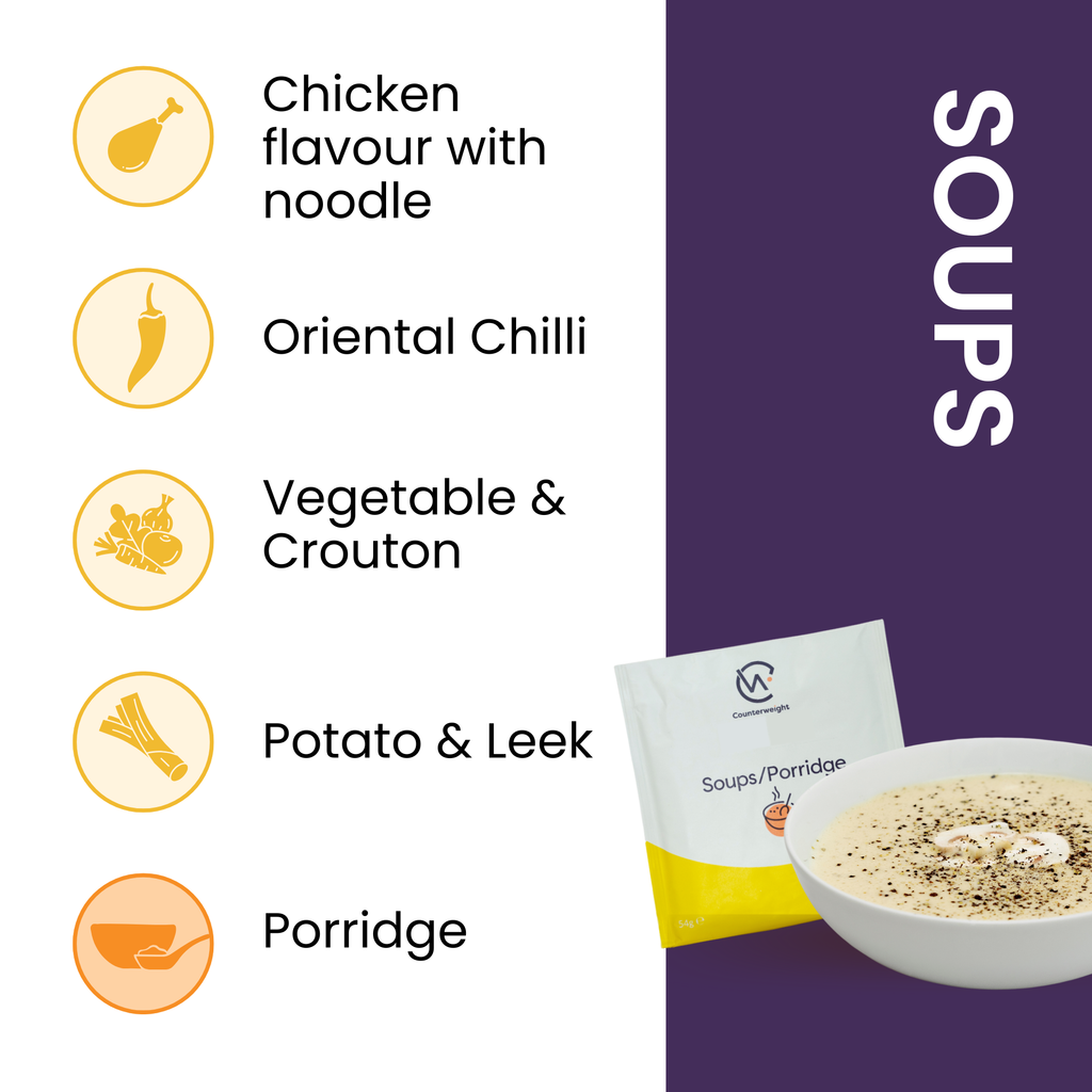 Soups list: Chicken flavour with noodle, oriental chilli, vegetable and crouton, Potato and leek, Porridge