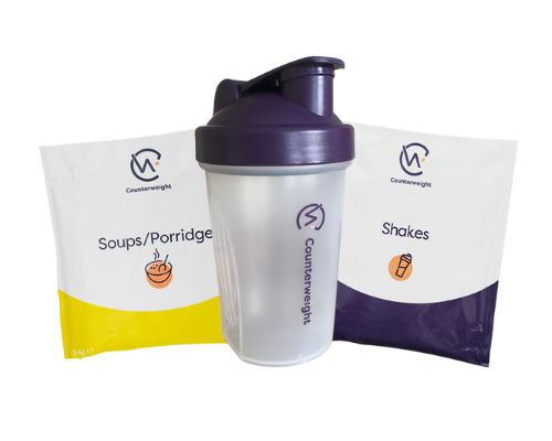 A shaker bottle with a soup sachet and a shakes sachet